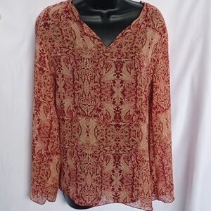 George paisley semi-sheer floral print long sleeve tunic top S, red sangria